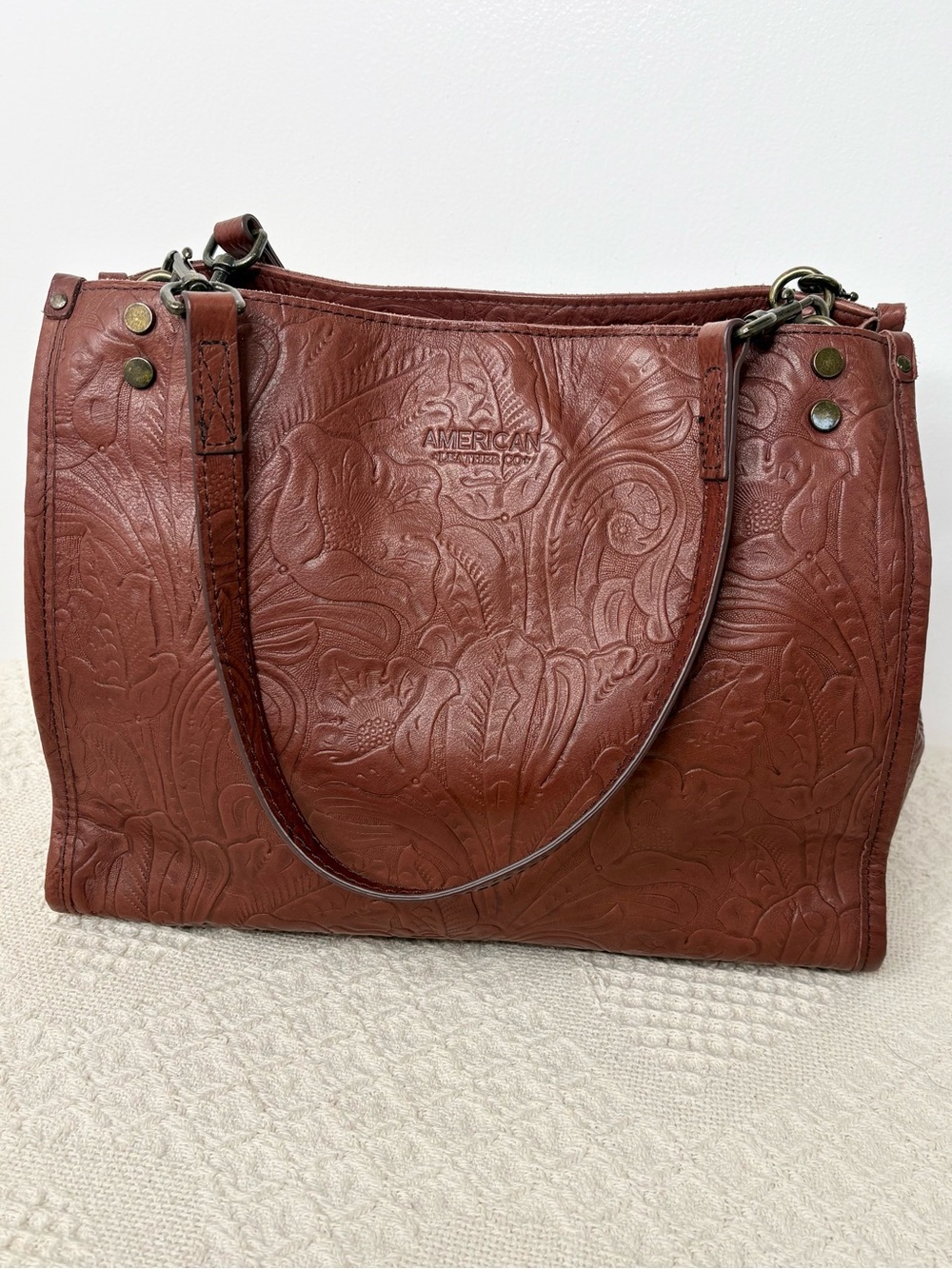 American Leather Co Lenox Triple Entry Satchel Brandy Tooled Brown Tote Bag